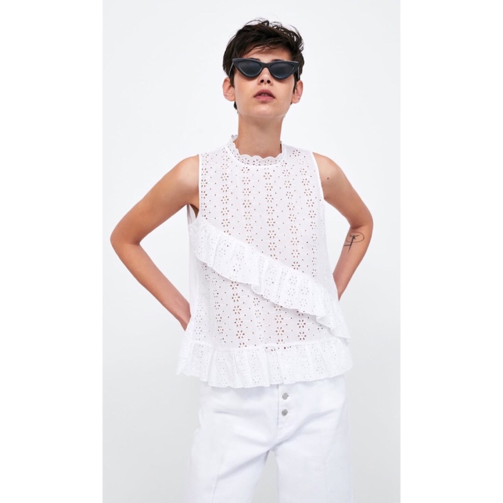 Zara Embroidered Top with Ruffle Trim